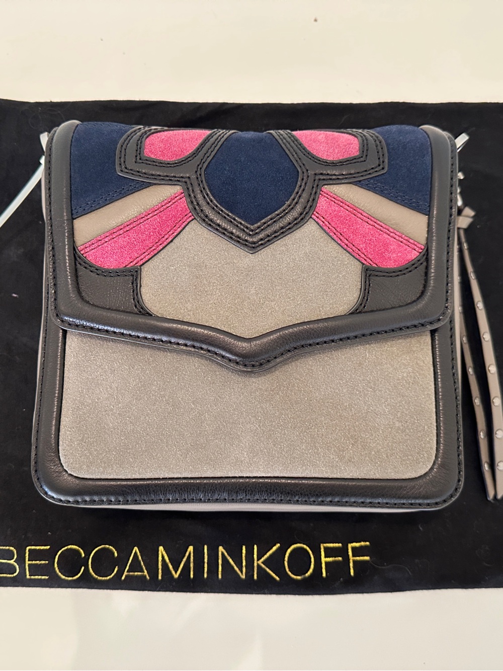 Rebecca Minkoff Colorblock Suede & Leather Wristlet in Gray, Navy & Pink